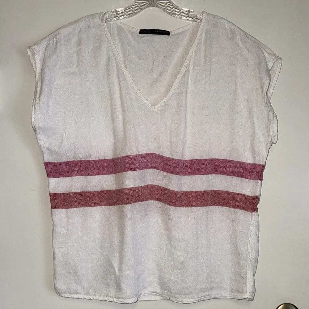 Zara 100% Linen V-Neck Top White, Red Dual Stripe Lightweight Size M - Picture 3 of 14